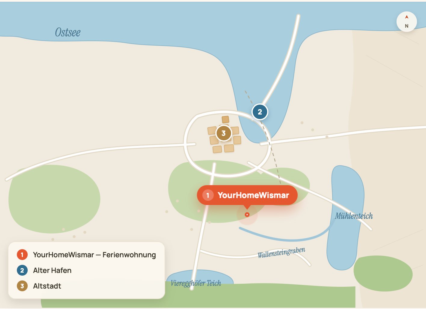 Lage von YourHomeWismar in Wismar — nahe Alter Hafen und Altstadt
